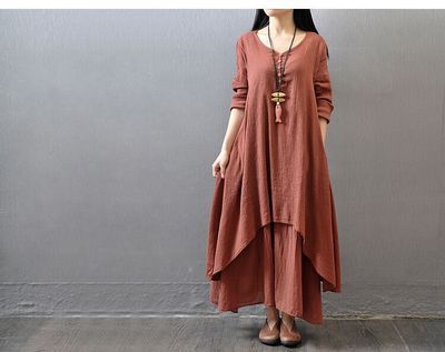Spring and Autumn Break two-piece long dress literary pendulum linen dress loose long-sleeved cotton and linen skirt m302057