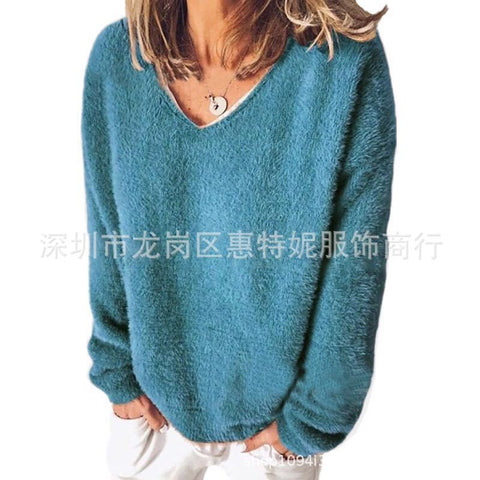 Autumn women's new v-neck long-sleeved loose casual sweater fleece shirt m302117