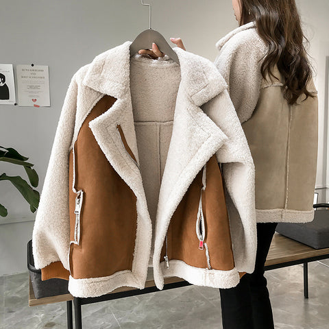 Loose fur integrated suede jacket women's short lamb wool motorcycle jacket m302143