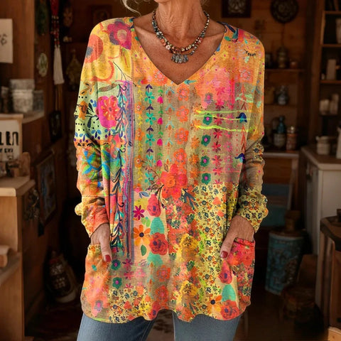 Women's new medium and long pocket V-neck pullover fashion casual T-shirt m302270