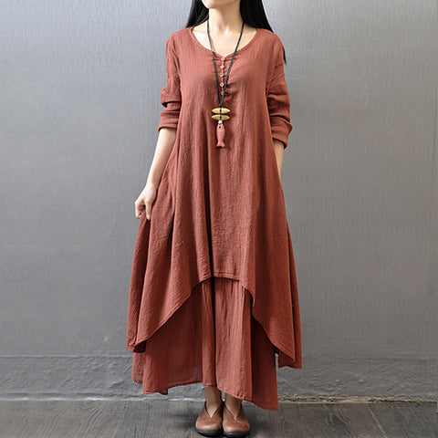Spring and Autumn Break two-piece long dress literary pendulum linen dress loose long-sleeved cotton and linen skirt m302057
