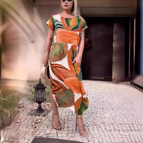 Loose round neck split button fashionable printed long dress loose m302072