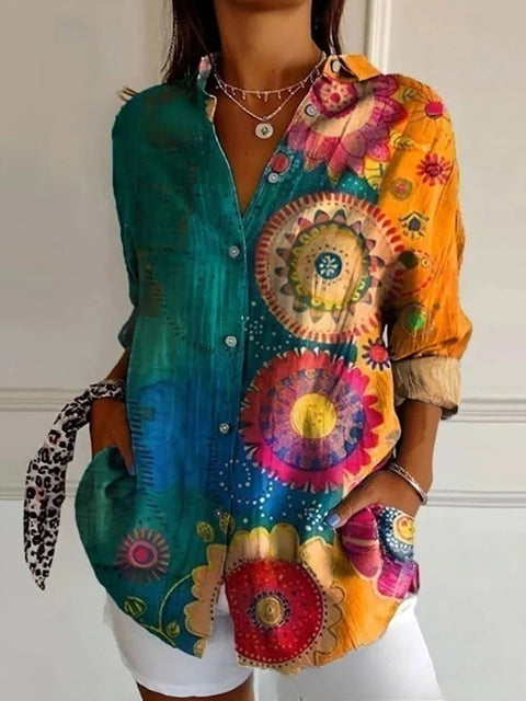 3D digital printing abstract pattern women's long-sleeved buckle linen shirt m302749 -2