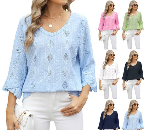 Spring and summer new v-neck rhombus grid hollow jacquard horn sleeve loose t-shirt women's m301965