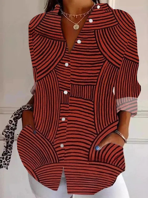 3D digital printing abstract pattern women's long-sleeved buckle linen shirt m302749 -2