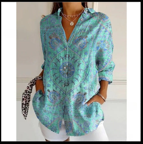 3D digital printing abstract pattern women's long-sleeved buckle linen shirt m302749 -2