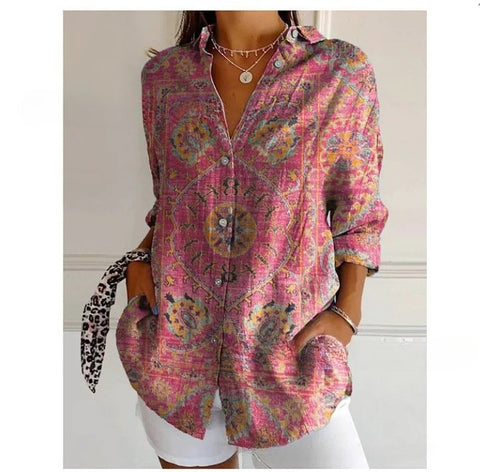3D digital printing abstract pattern women's long-sleeved buckle linen shirt m302749 -2