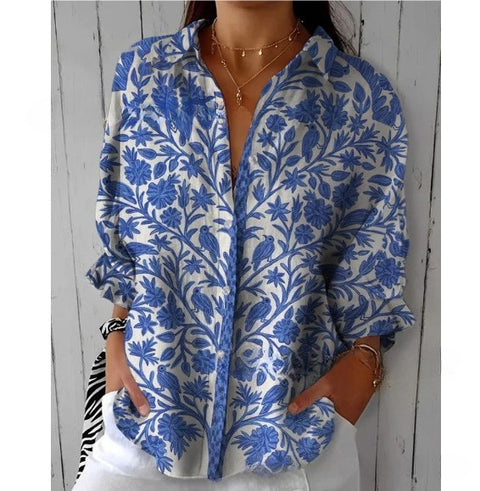 3D digital printing abstract pattern women's long-sleeved buckle linen shirt m302749 -2