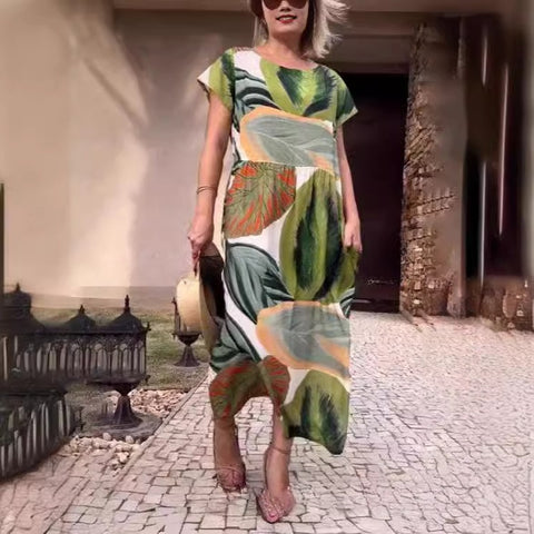 Loose round neck split button fashionable printed long dress loose m302072