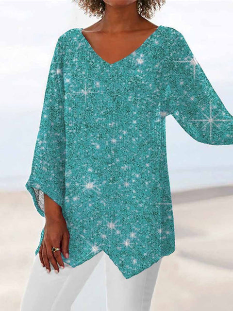 Women's printed animal natural scenery V-neck nine-quarter sleeve loose T-shirt m301289