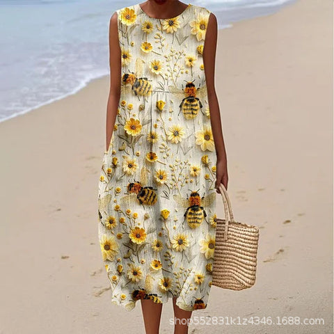 New sleeveless casual printing temperament long dress dress slim fit small fresh m302083