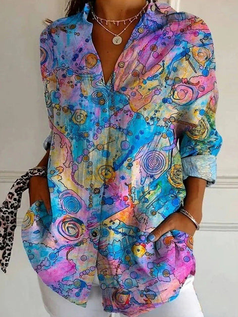 3D digital printing abstract pattern women's long-sleeved buckle linen shirt m302749 -2