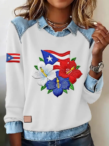 Lapel top imitation denim sweater long-sleeved women's top m302160