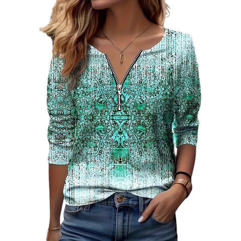 Women's Autumn Loose Design Ethnic Crew Neck Printed Zipper Long Sleeve POLO Shirt m301774
