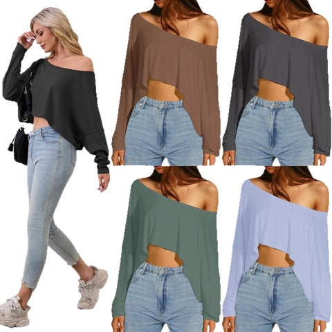 lazy style casual solid color short T-shirt slanted shoulder sexy loose shoulder long sleeve Spice girl short top m302942