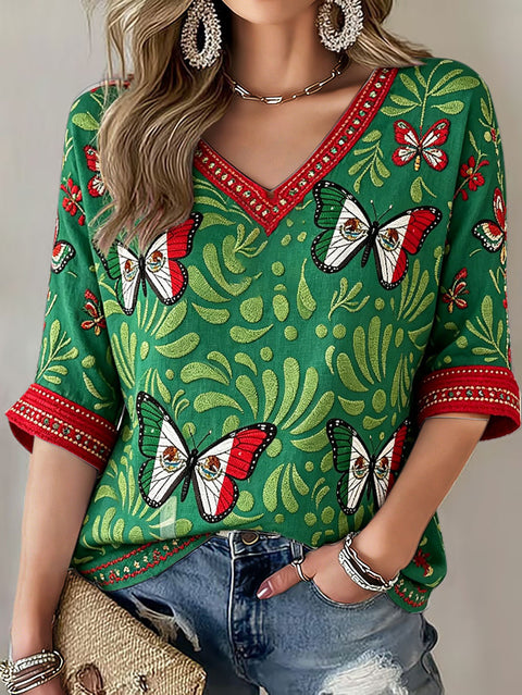 Down shoulder V-neck seven-quarter sleeve 3D printed women's top T-shirt m302844