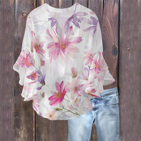 Creative floral element printing digital printing casual trend V-neck lotus edge T-shirt women's m301769