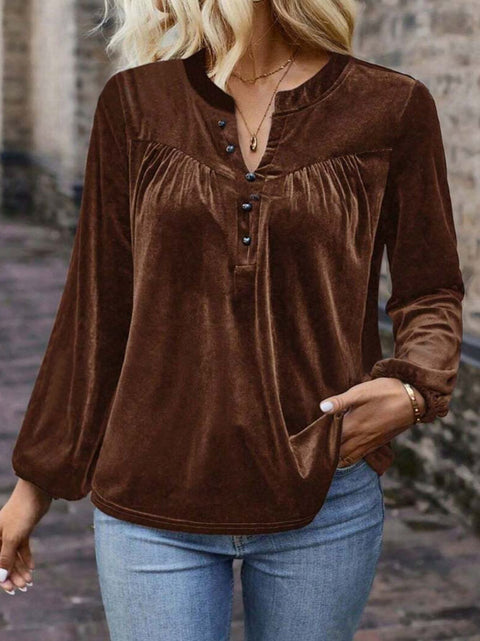 Solid color pullover V-neck casual temperament commuter button long sleeve top women m302275