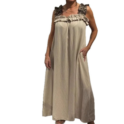 Popular vacation women's casual suspender splicing leopard print pocket cotton and linen dress m302050