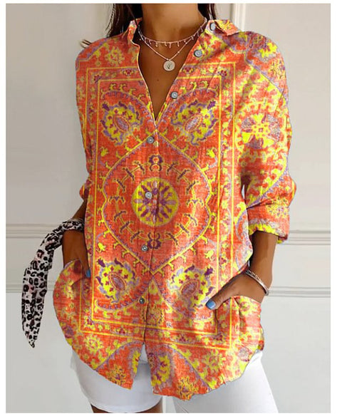 3D digital printing abstract pattern women's long-sleeved buckle linen shirt m302749 -2