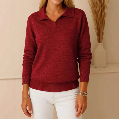 Polo collar solid color long-sleeved top casual loose pullover knitted sweater m302265