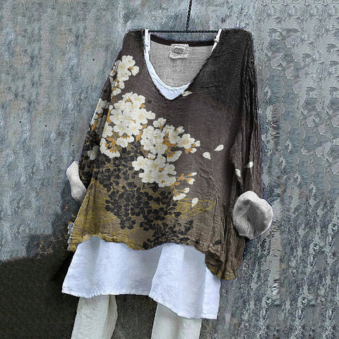Long-sleeved printed casual pullover loose round neck single-piece T-shirt (without under shirt) m301042