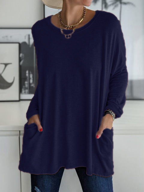 Crew neck long sleeve loose pocket solid color T-shirt casual women's clothing m301315