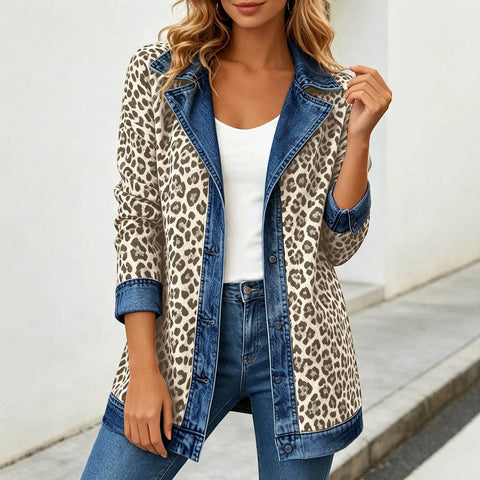 Leopard print denim jacket women's long-sleeved casual cardigan autumn loose jacket FF303339