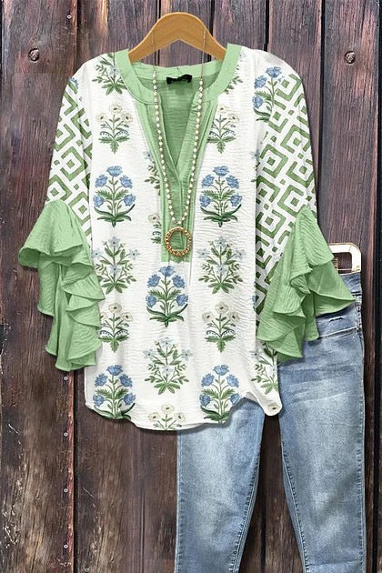 Digital printing casual trend V-neck lotus edge T-shirt women's m302725-2