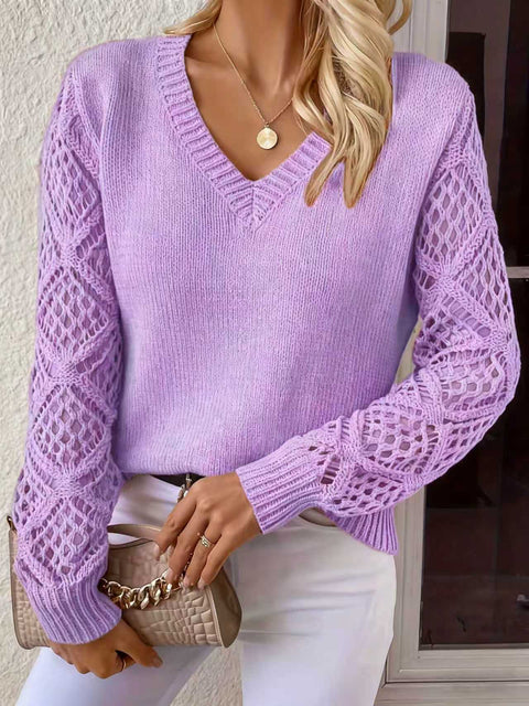 Spring and Autumn Jacket Hollow Knitted Sweater Women's Pullover Long Sleeve Hook Jacquard Loose V-Neck Bottom Top m301922