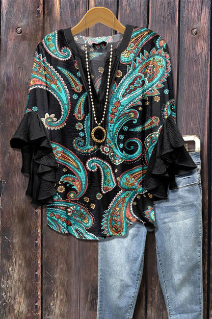 Creative floral element printing digital printing casual trend V-neck lotus edge T-shirt m301352