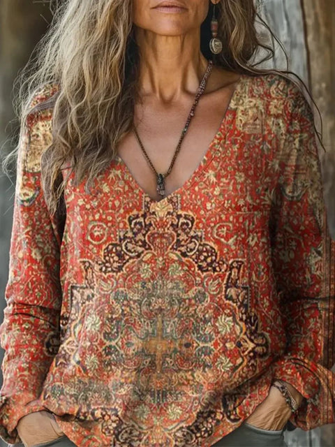 casual V-neck long-sleeved pullover loose digital printing women's top T-shirt m301736