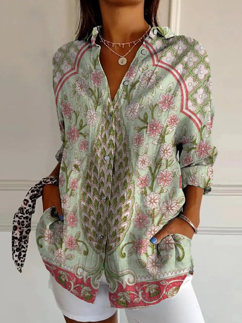 3D digital printing abstract pattern women's long-sleeved buckle linen shirt m301277