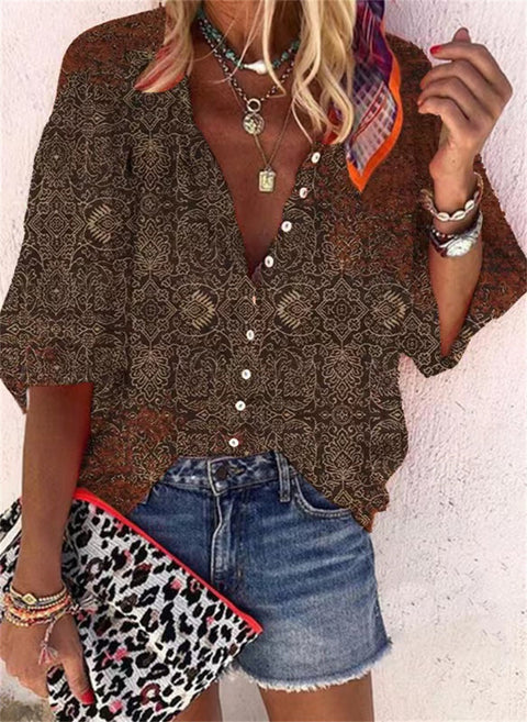 women's clothing stand-up collar loose button retro printed casual shirt m301723