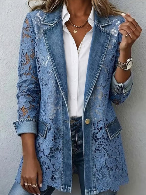 Imitation denim jacket single button medium and long gentle hollow flower lace blazer FF303300