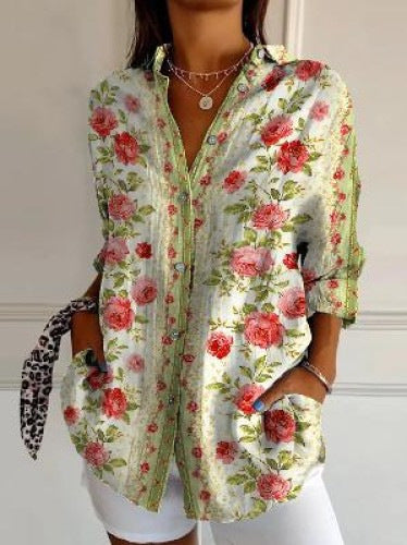 3D digital printing abstract pattern women's long-sleeved buckle linen shirt m302749 -2