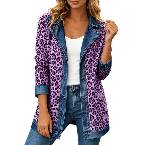 Leopard print denim jacket women's long-sleeved casual cardigan autumn loose jacket FF303339