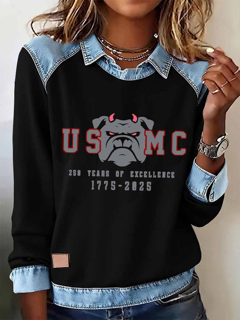 Lapel top imitation denim sweater long-sleeved women's top m302160