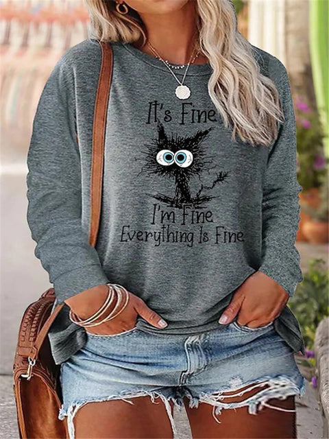 Black Cat Cartoon Printed Women's Crew Neck Long Sleeve T-Shirt M800016