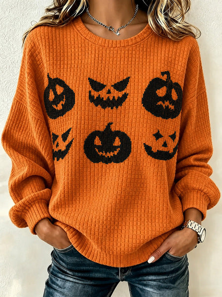 Waffle long-sleeved crew neck sweater literary retro FF303287