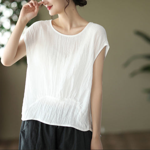 Vintage twisted pleated pendulum tencel ramie top femininity short-sleeved literary jumper m302056