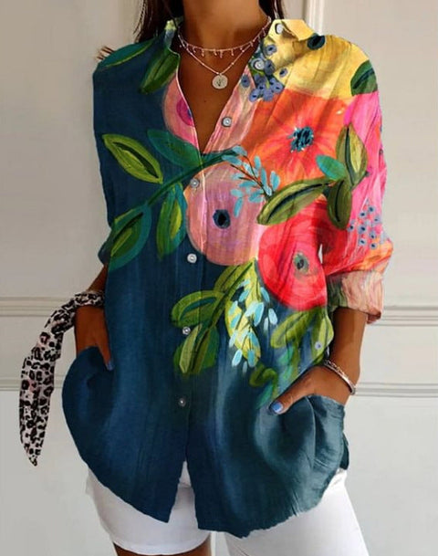 3D digital printing abstract pattern women's long-sleeved buckle linen shirt m302749 -2