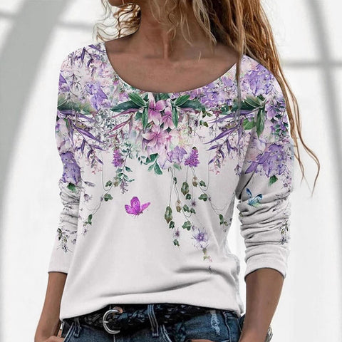 3D printed women's casual flower crew neck long-sleeved t-shirt top m301719
