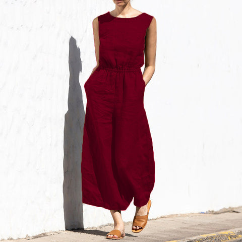 Summer solid color high waist sleeveless trousers women's fashion casual loose temperament jumpsuit m301893