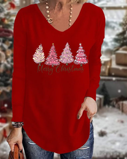 Loose 3D V-neck long-sleeved T-shirt women's Christmas printed bottoming shirt m302098