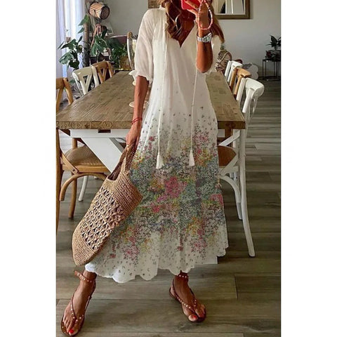 Floral V Neckline Half Sleeve Midi A line Dress m161507354 (5826854)