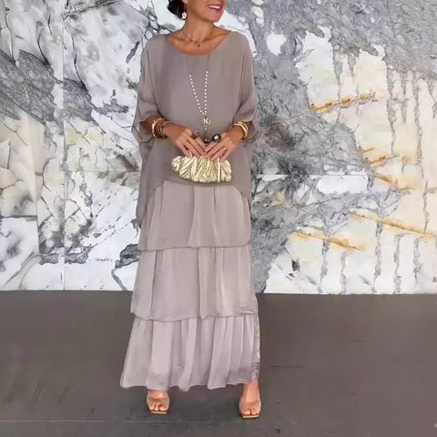 Fashion women's temperament round neck bat sleeve long dress m301334