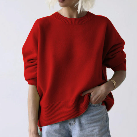 Women's knitted sweater crew neck solid color loose sweater m300667