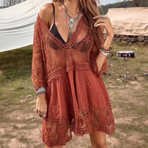 Beach blouse lace cutout sunscreen sexy bikini swimsuit with m301497