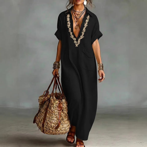 Loose ladies embroidery pocket casual lapel cotton and linen jumpsuit m302716